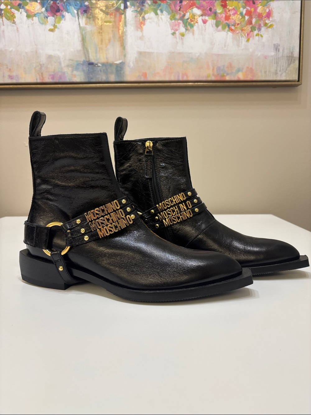 Never worn Moschino Black Leather Ankle Boots with Gold Logo Straps - Picture 6 of 6